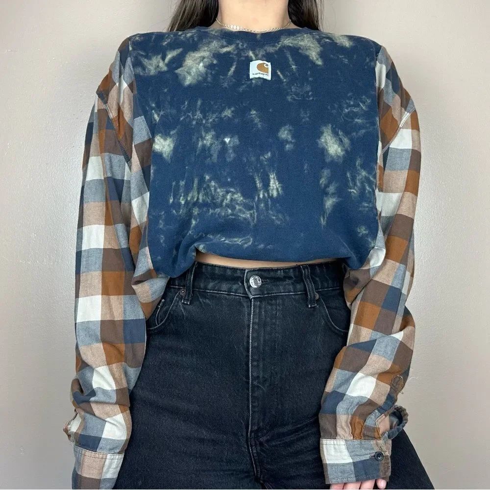Reworked Carhartt Upcycled Tie Dye Blue Long Sleeve Plaid Flannel Relaxed Shirt